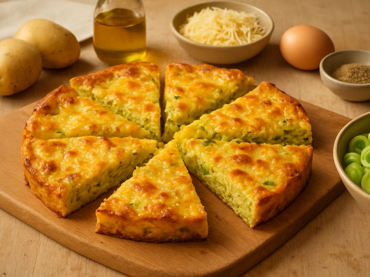 Aardappel-preitaart met kaas op een snijplank