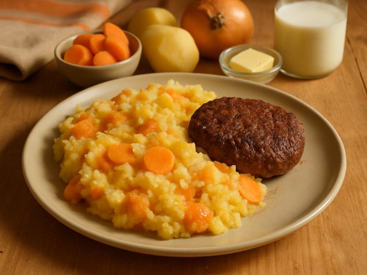 Aardappel-wortelpuree met runderburger op een bord