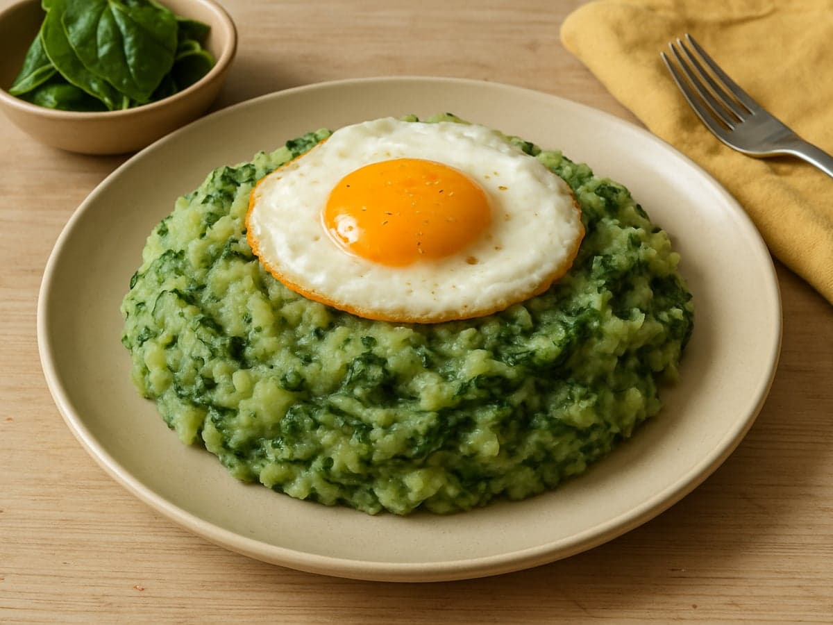 Aardappelpuree met spinazie en gebakken ei op een bord