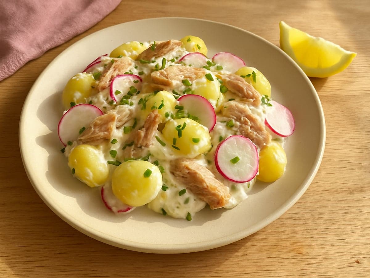 Aardappelsalade met makreel en radijs op een bord