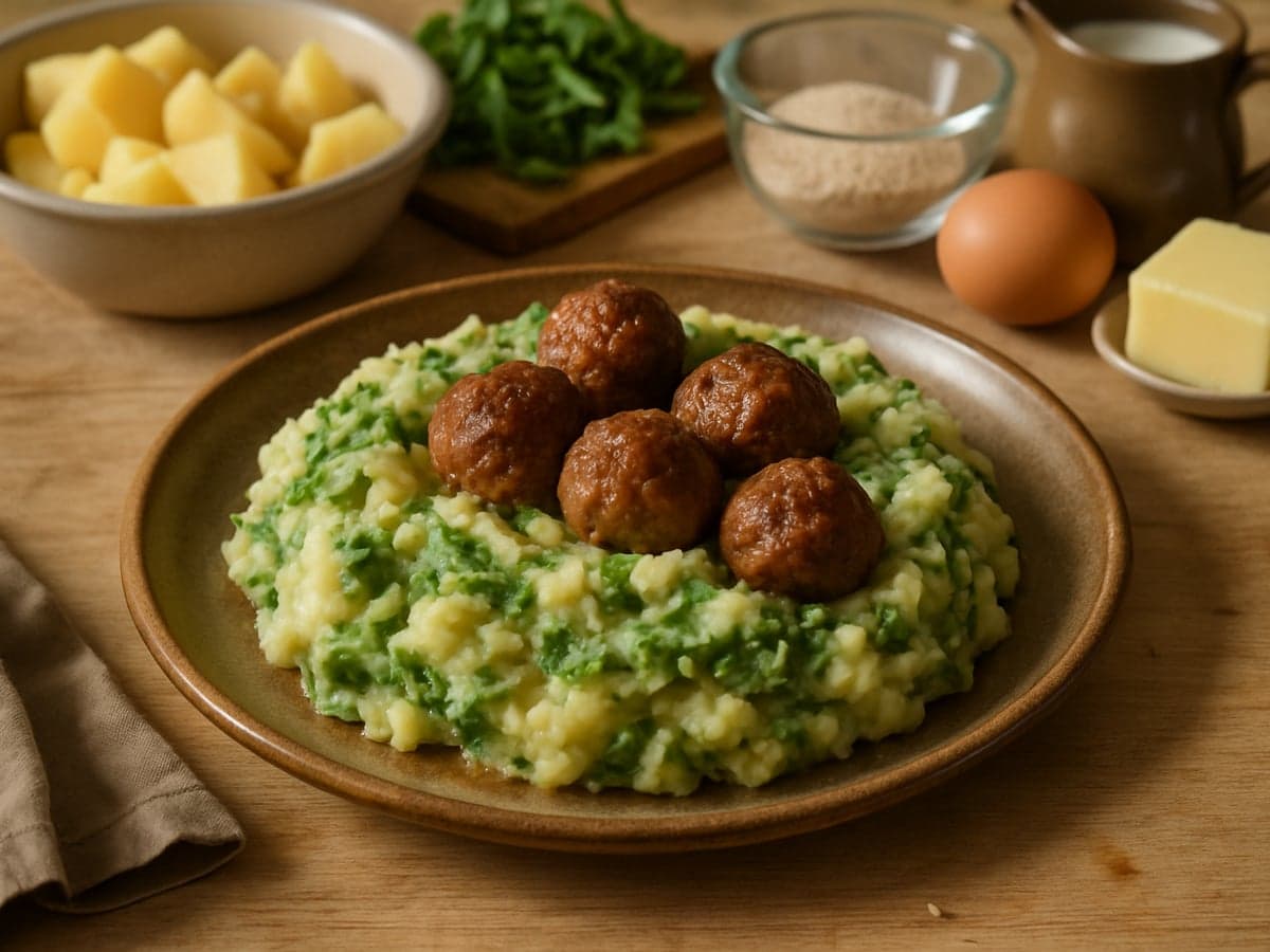 Andijviestamppot met gehaktballetjes op een bord