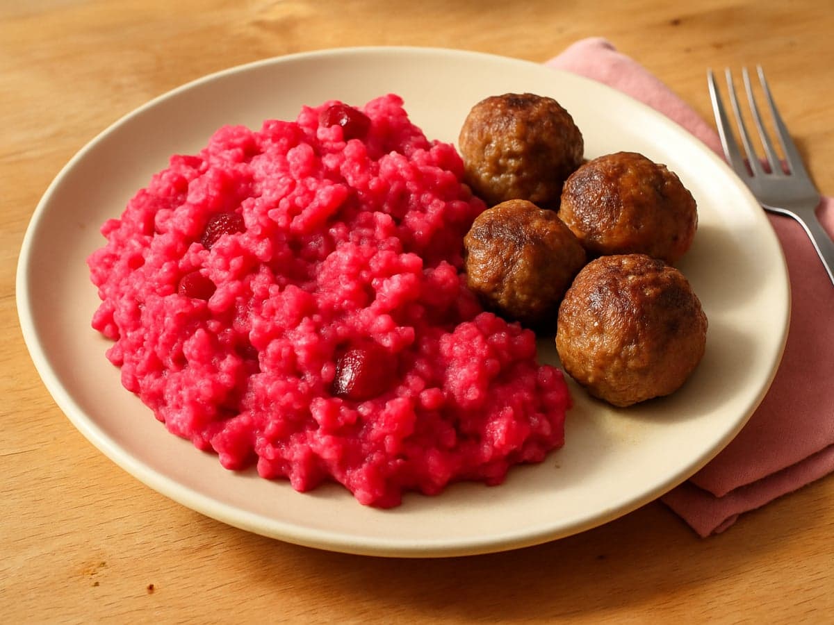 Bietenstamppot met gehaktballetjes op een bord