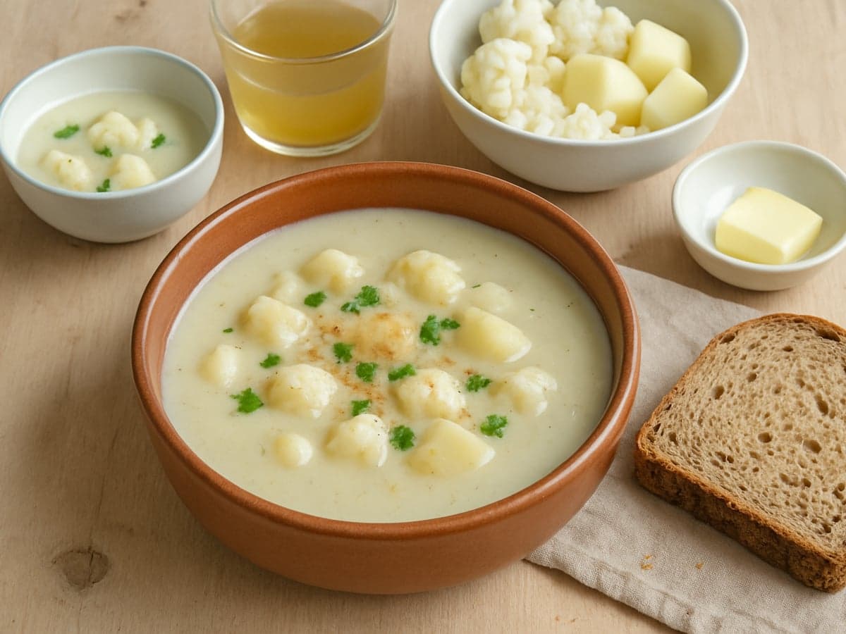 Bloemkool-aardappelsoep met volkoren brood in een kom