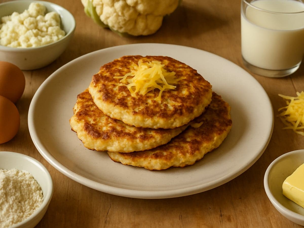 Bloemkoolpannenkoekjes met kaas op een bord