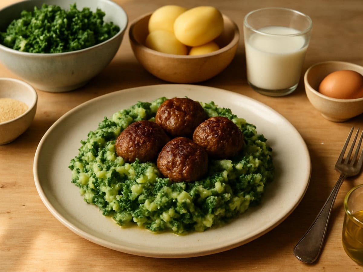 Boerenkoolstamppot met gehaktballetjes op een bord