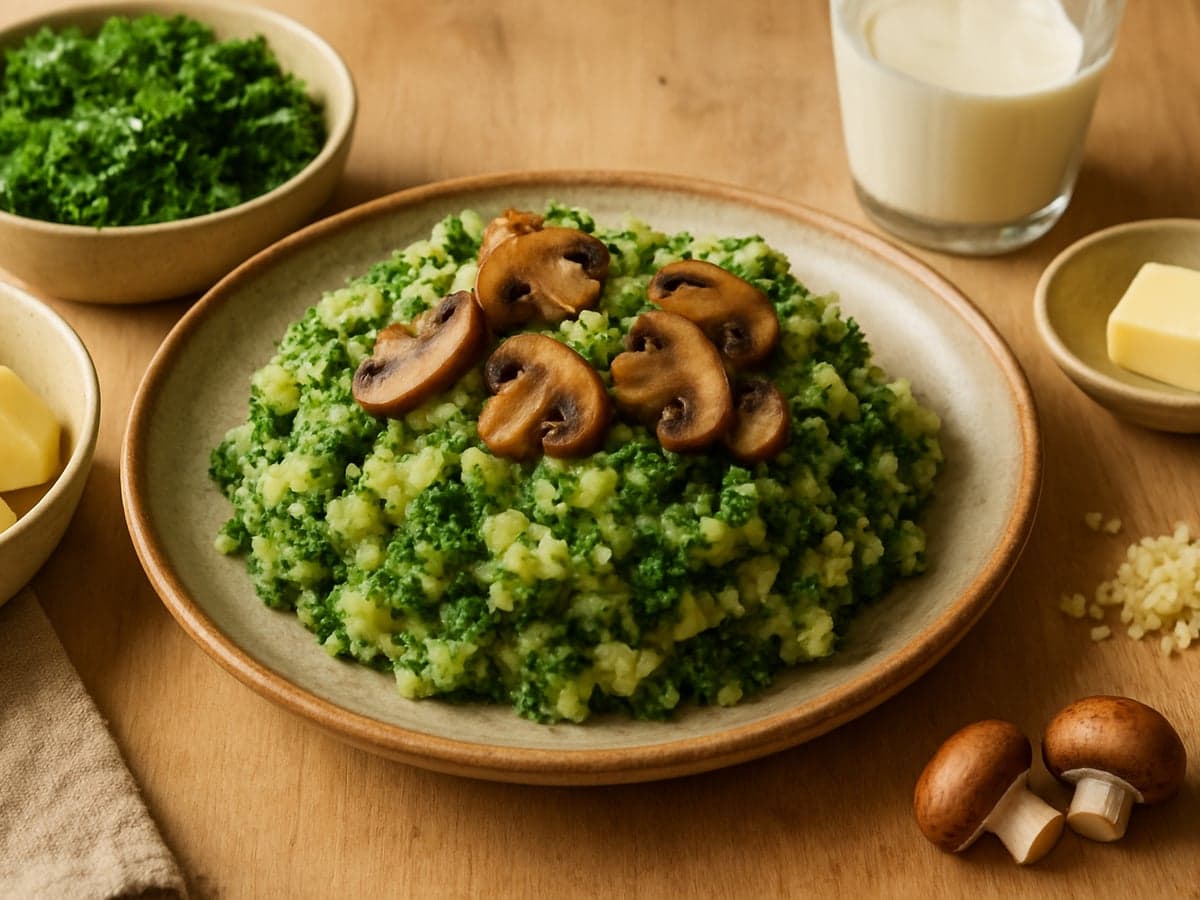 Boerenkoolstamppot met kastanjechampignons op een bord