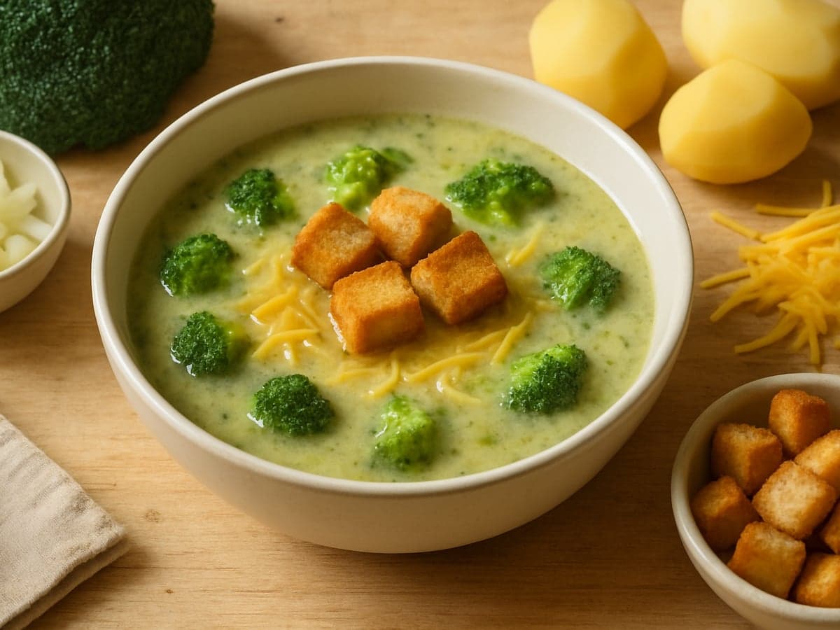 Broccoli-kaassoep met croutons in een kom