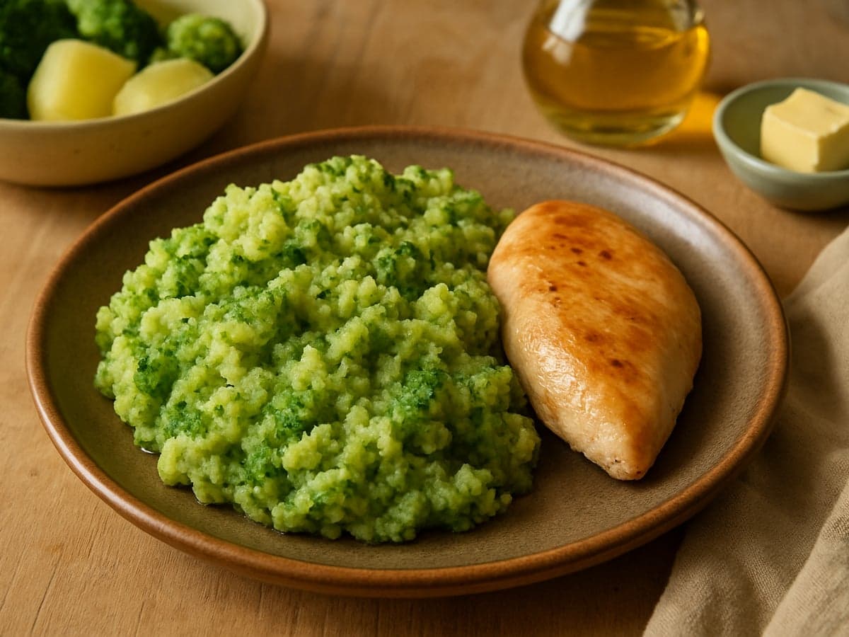 Broccoliprak met kipfilet op een bord