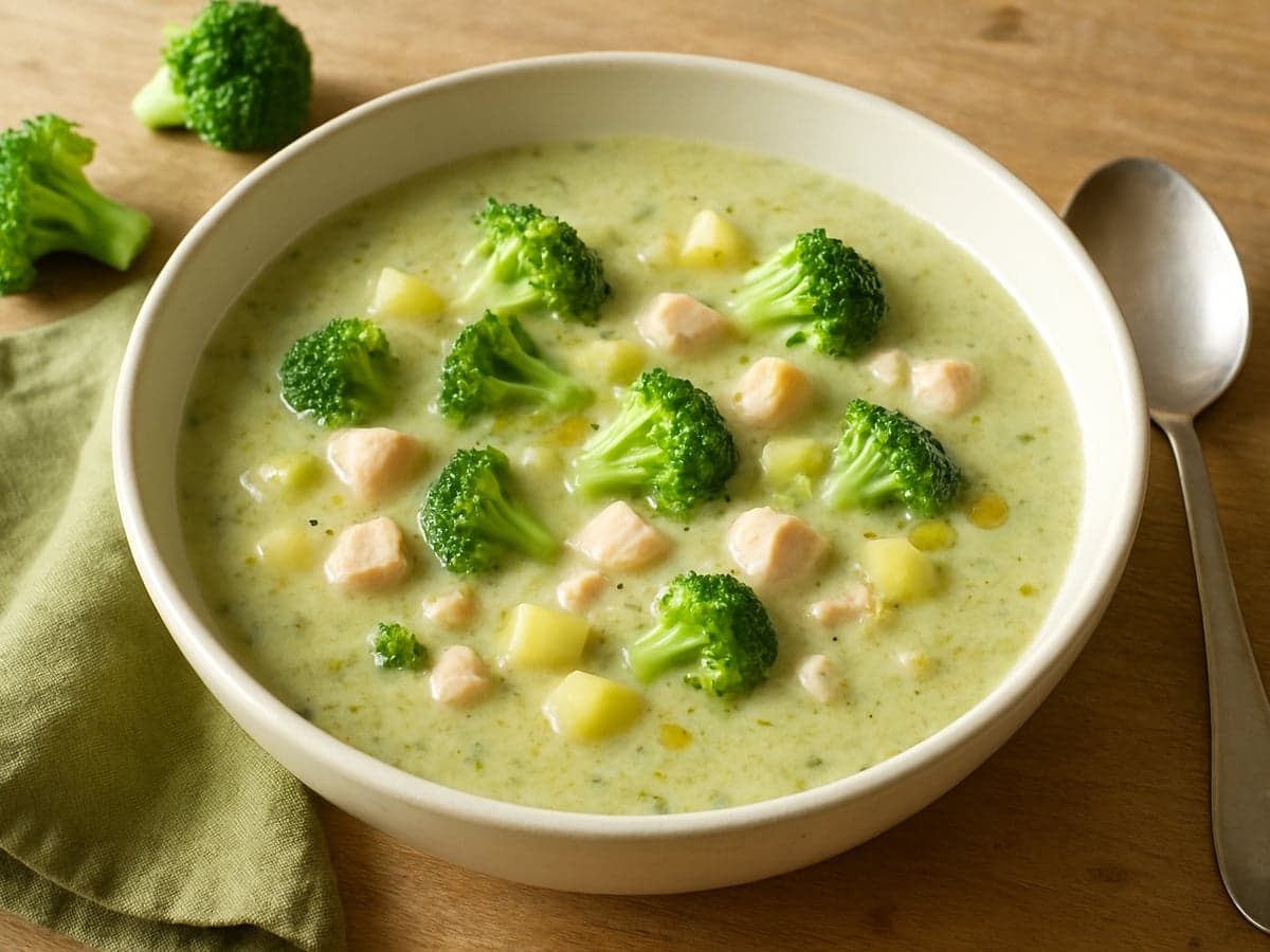 Broccolisoep met kip en room in een kom