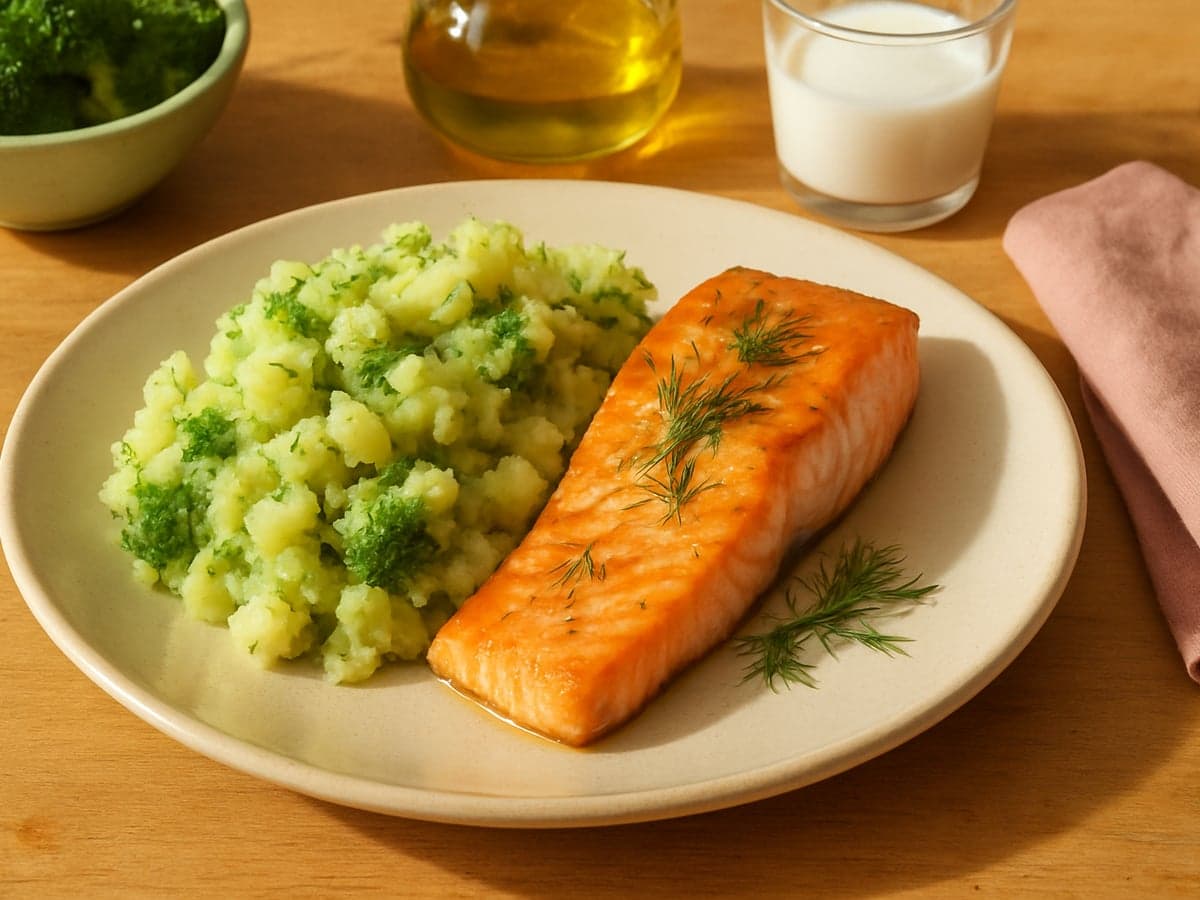 Broccolistamppot met zalmfilet en dille op een bord