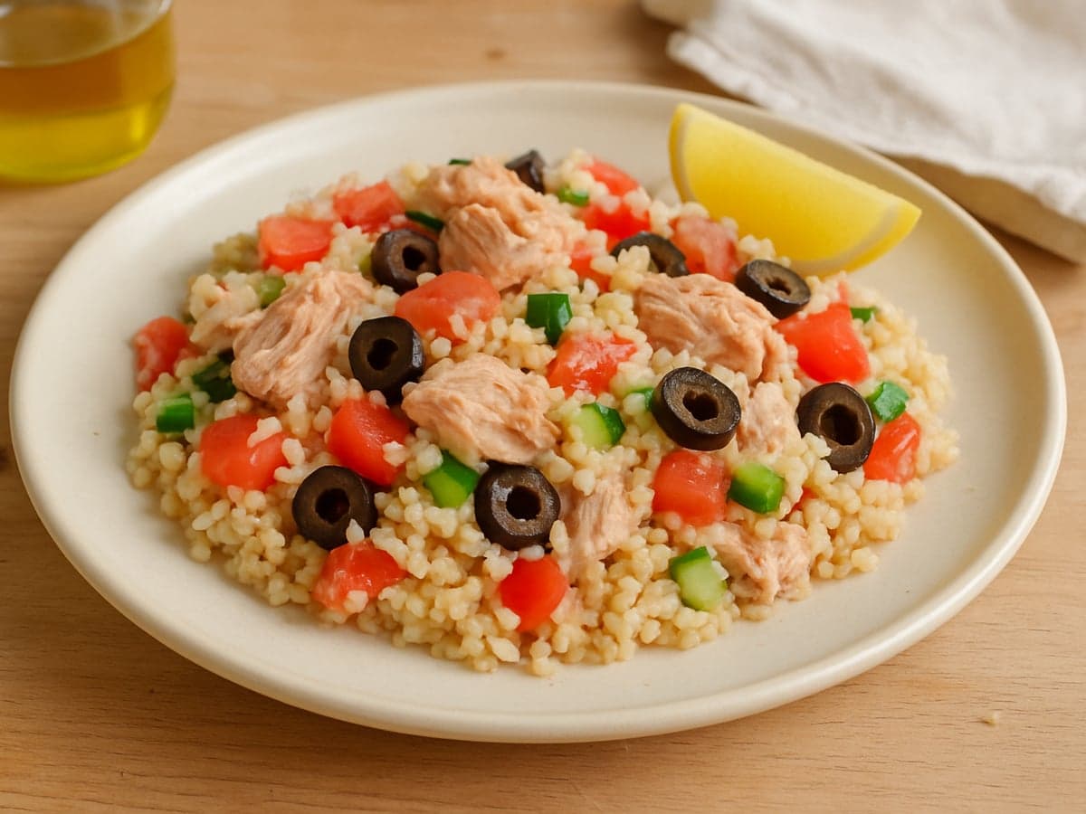 Bulgursalade met tonijn, tomaat en olijven op een bord