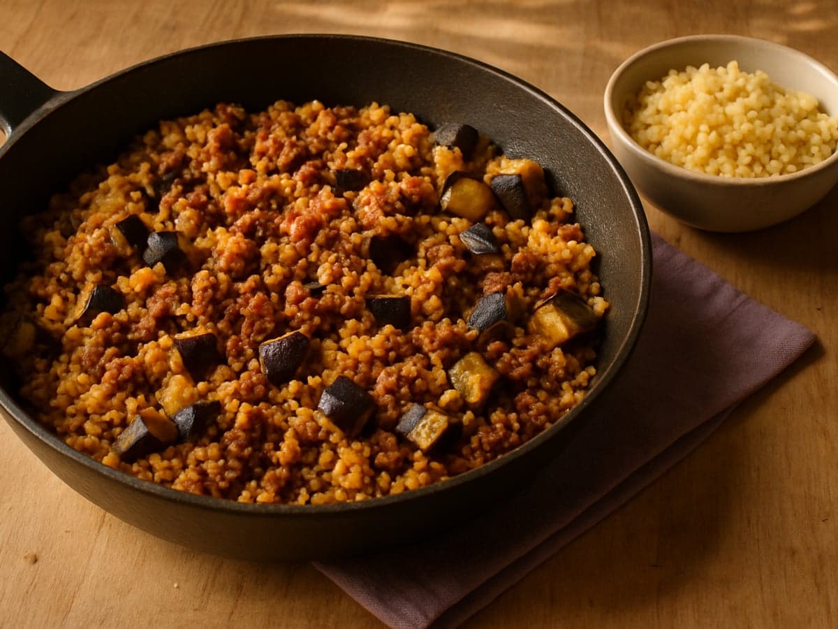 Bulgurschotel met gehakt en aubergine in een pan