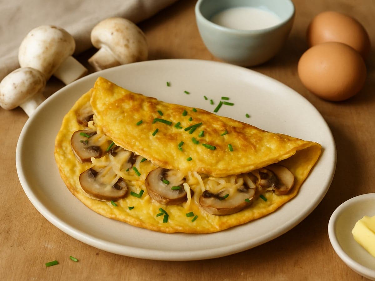 Champignon-omelet met kaas op een bord