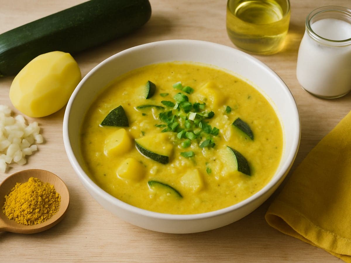 Courgette-currysoep met kokos in een kom
