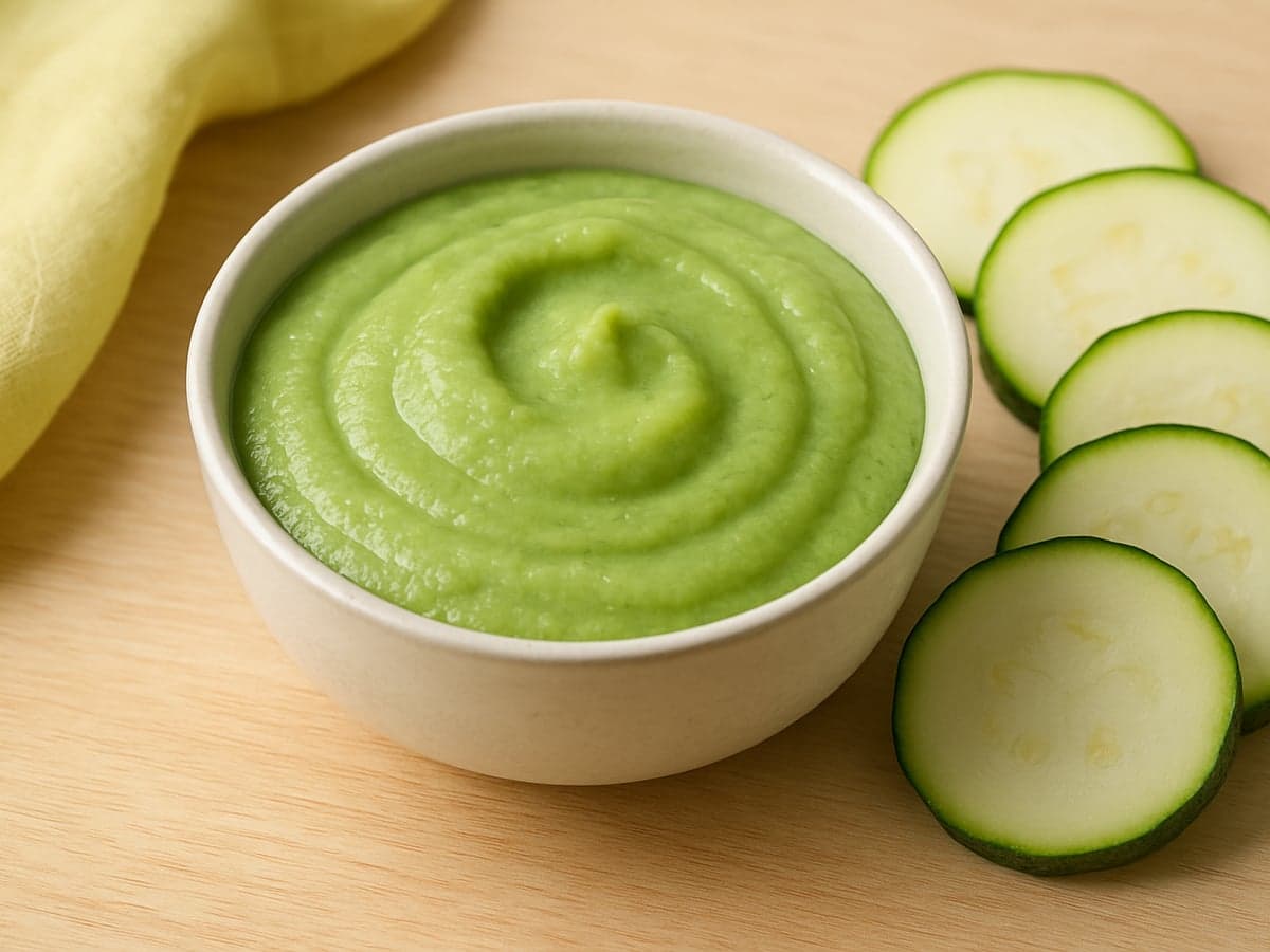 Kommetje met gladde lichtgroene courgettepuree op een houten tafel