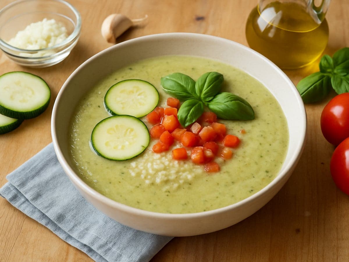 Courgettesoep met tomaat en basilicum in een kom