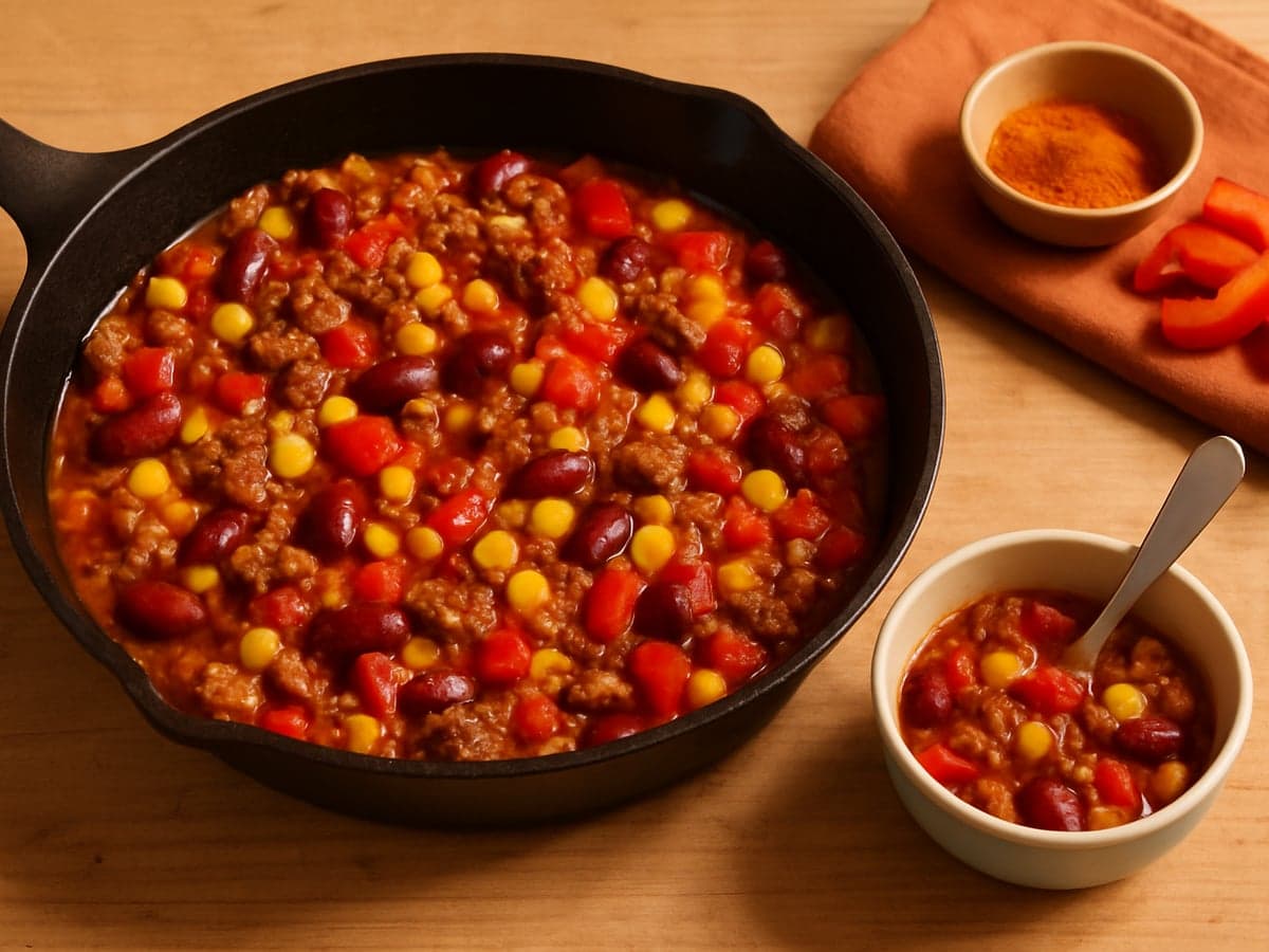 Eenpans chili met gehakt en mais in een pan