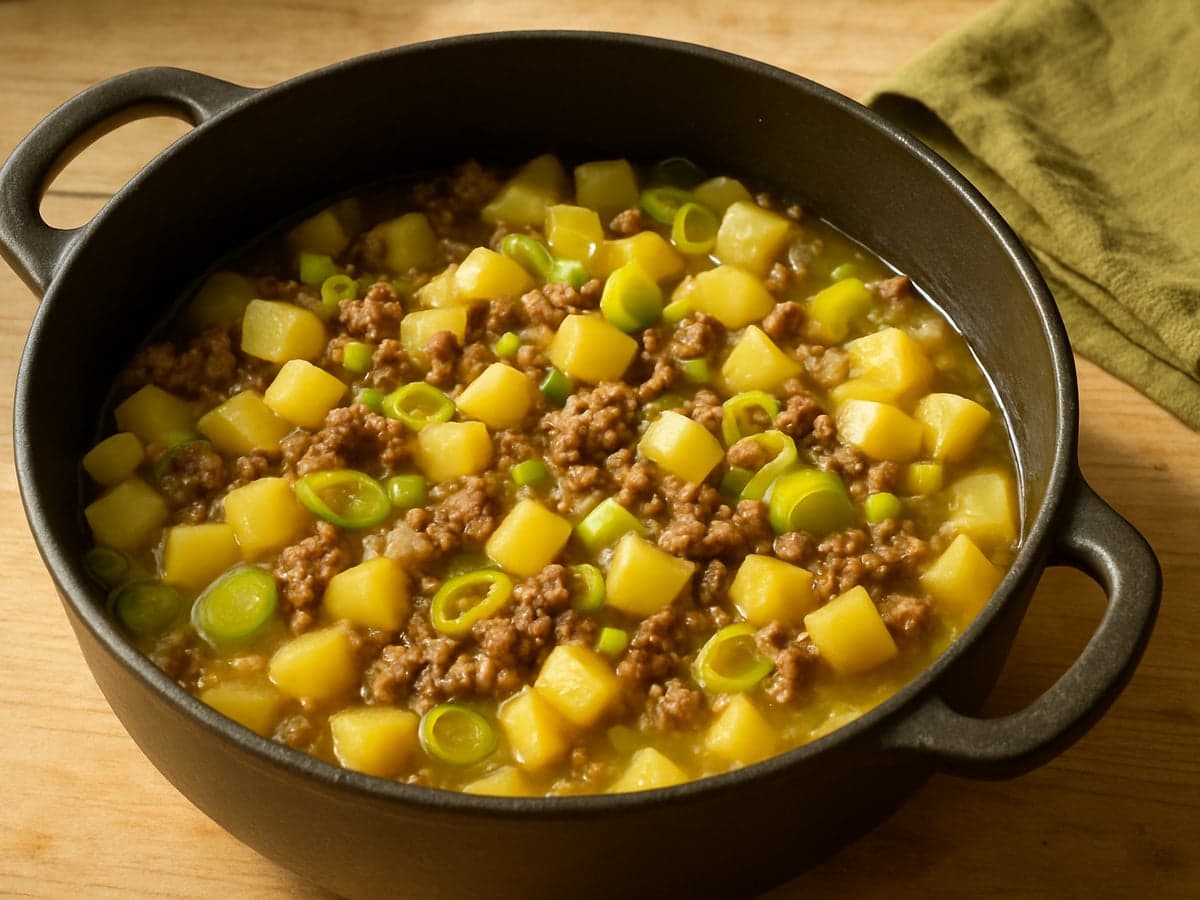 Eenpans gehaktstoof met prei en aardappel op een bord