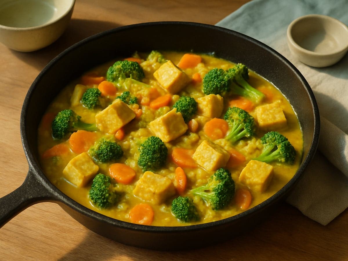 Eenpans groentecurry met tofu en broccoli in een pan