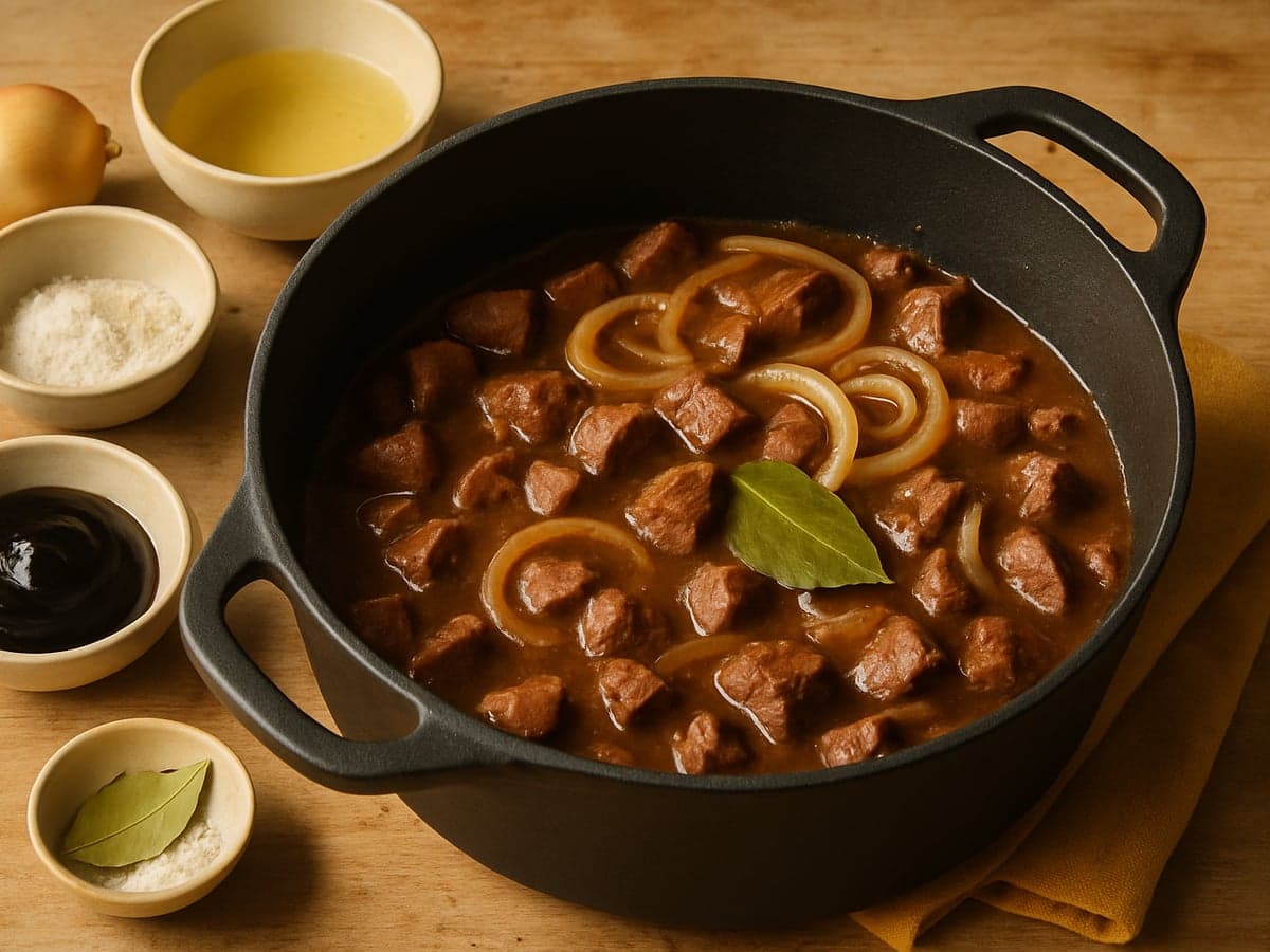 Eenpans hachee met appelstroop op een bord