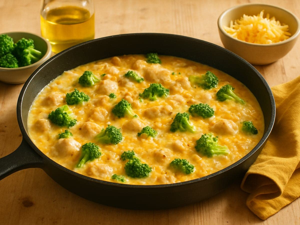 Eenpans kip-broccoli-kaasstoof op een bord