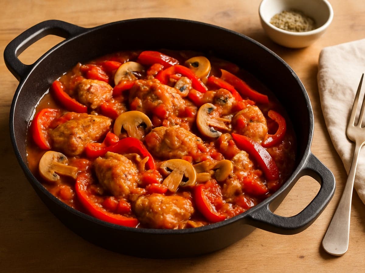 Eenpans kip cacciatore met paprika en champignons in een pan