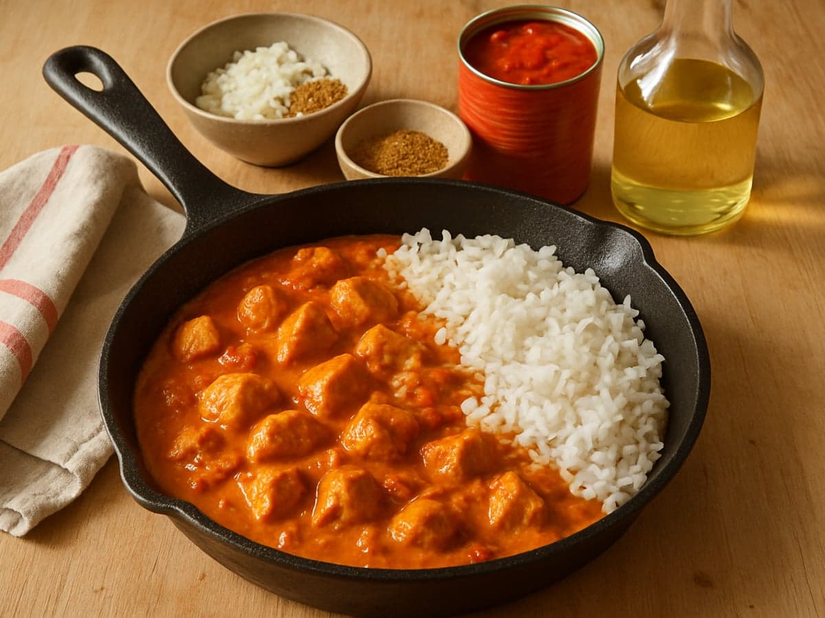 Eenpans kip tikka masala met rijst in een pan