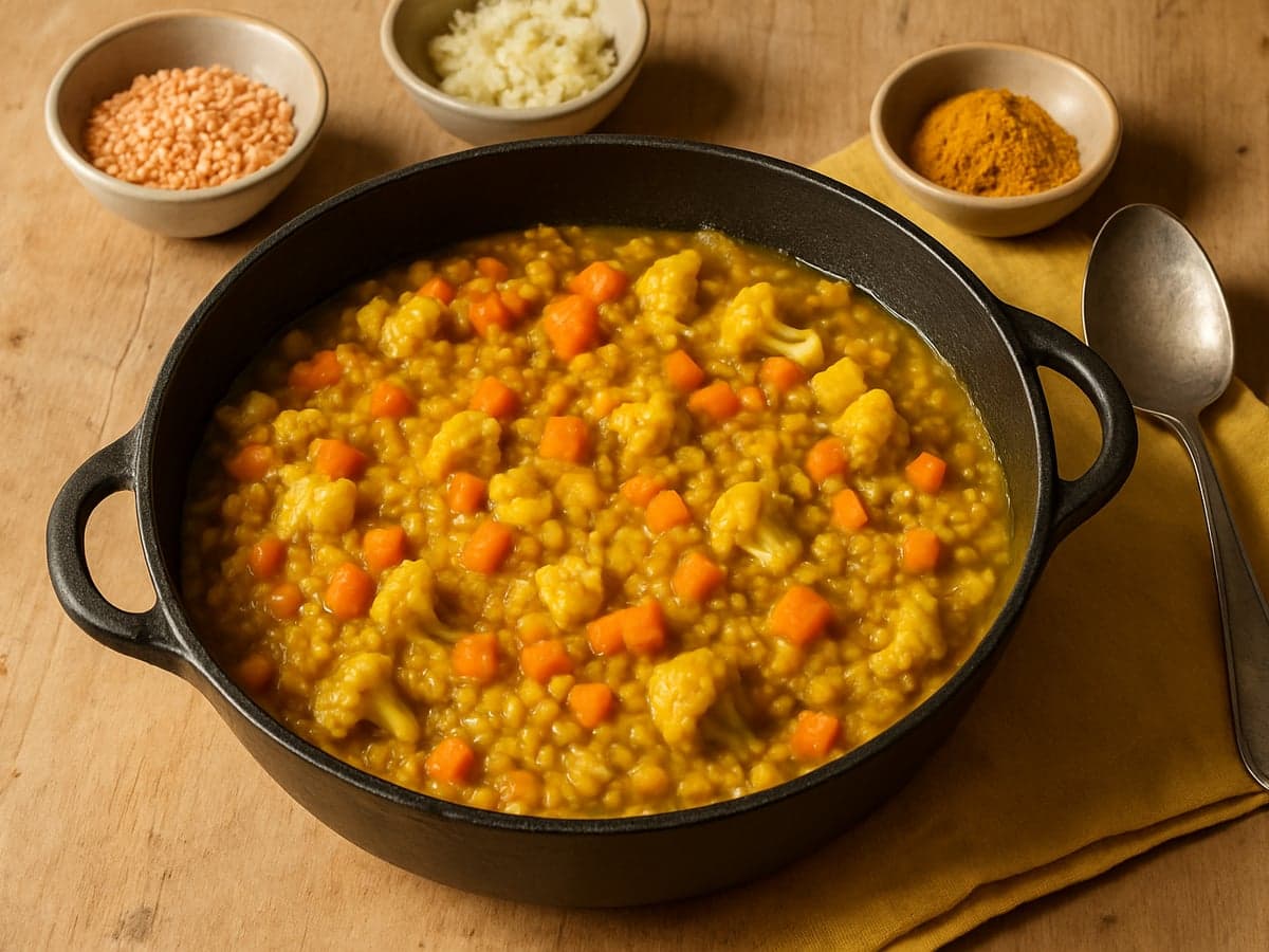 Eenpans linzen-groentestoof met kerrie in een pan