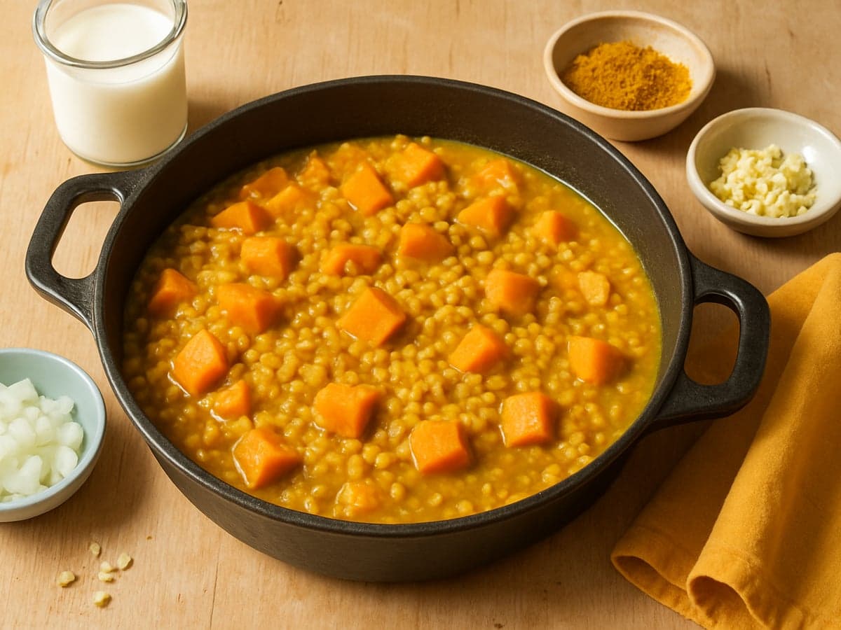 Eenpans linzen-kokosstoof met zoete aardappel op een bord
