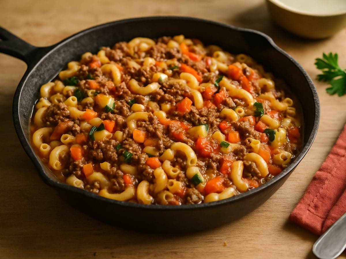 Eenpans macaroni met gehakt en groente op een bord