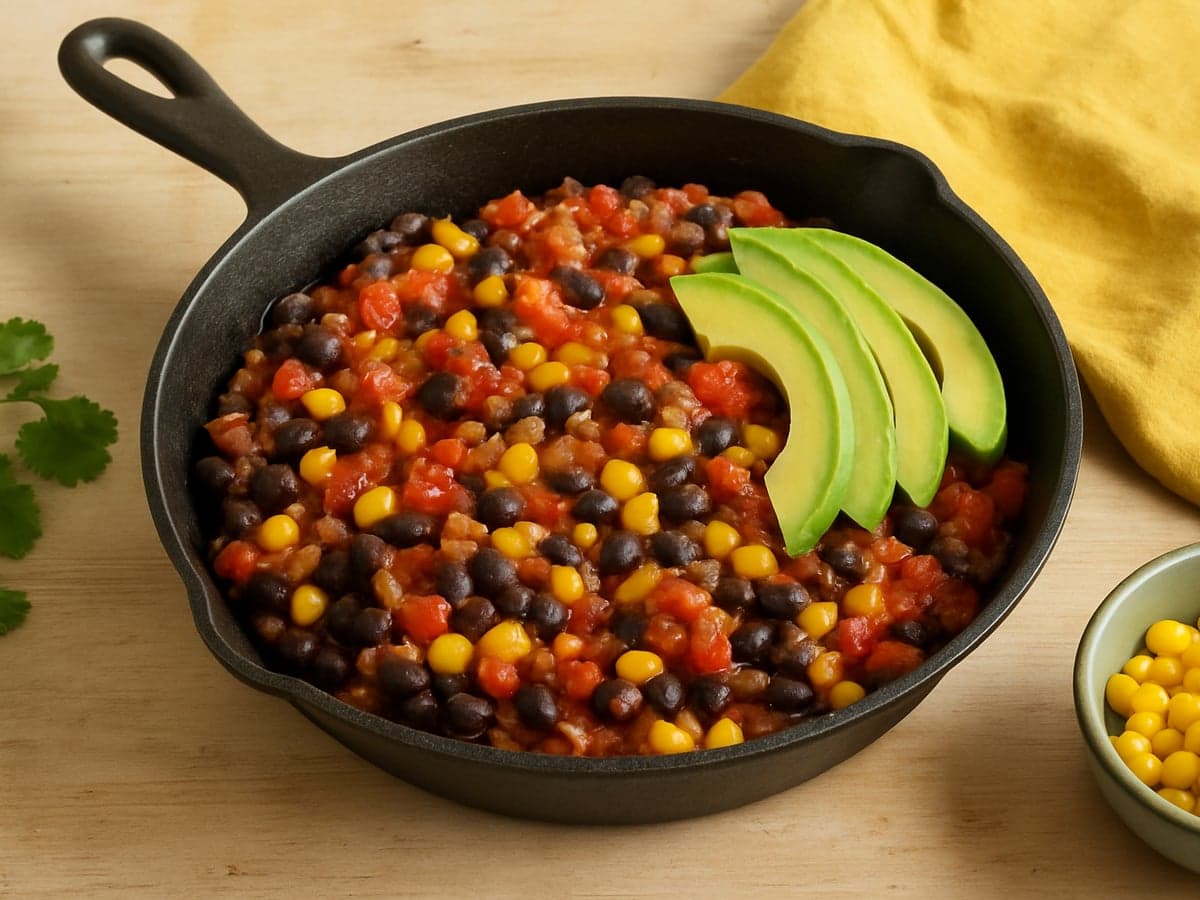 Eenpans Mexicaanse bonenschotel met mais en avocado in een pan