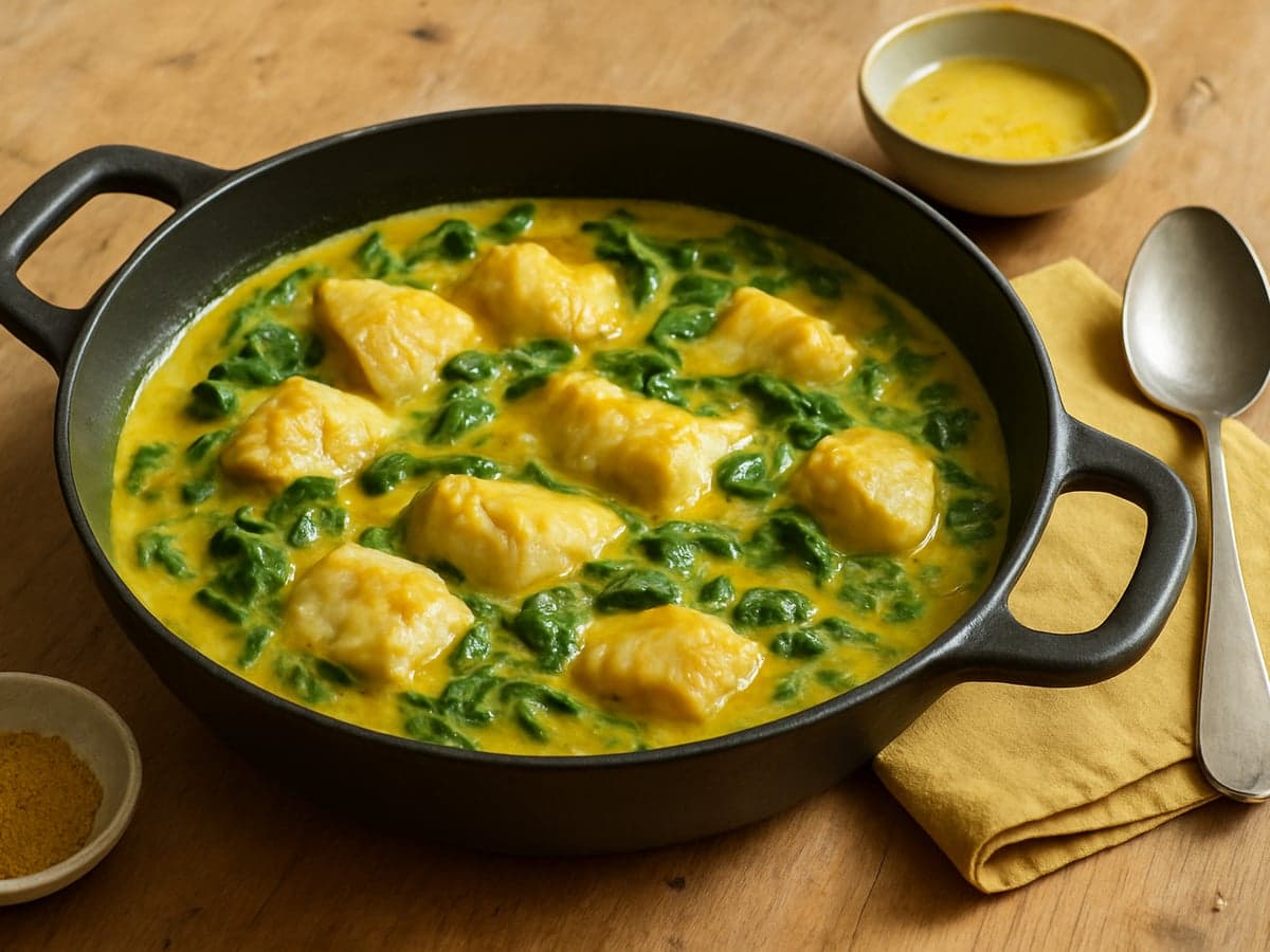 Eenpans witvis-currystoof met kokos en spinazie op een bord