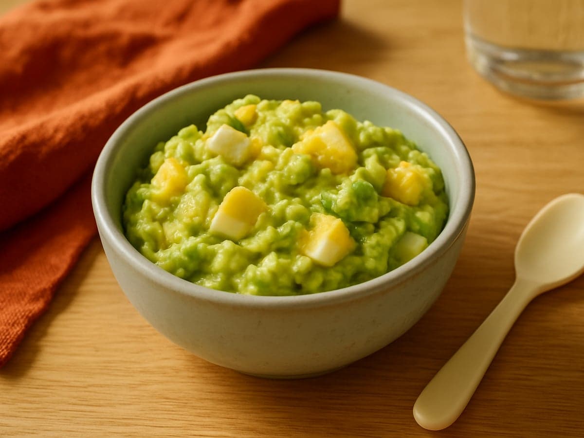 Geprakt ei met avocado in een kommetje voor baby