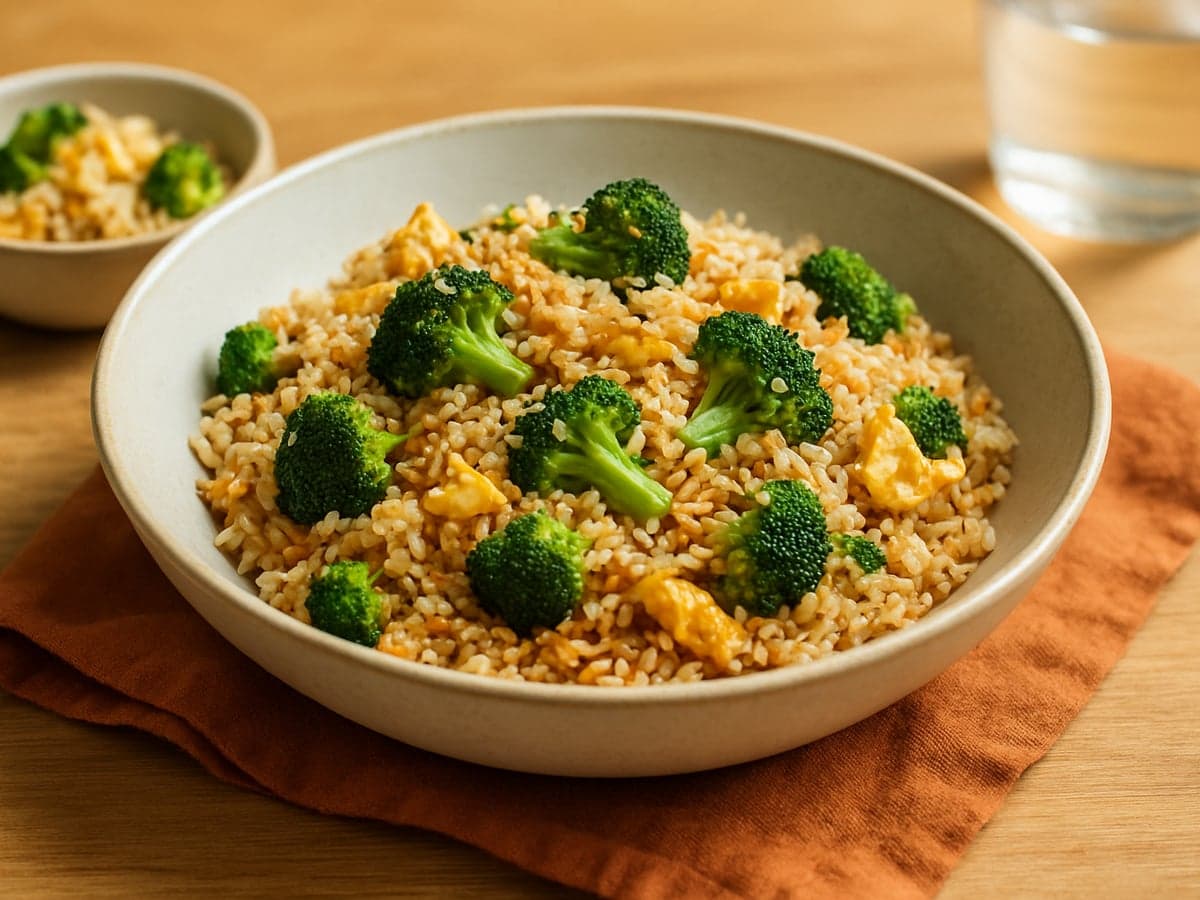 Gebakken rijst met broccoli, ei en sesam in een schaal