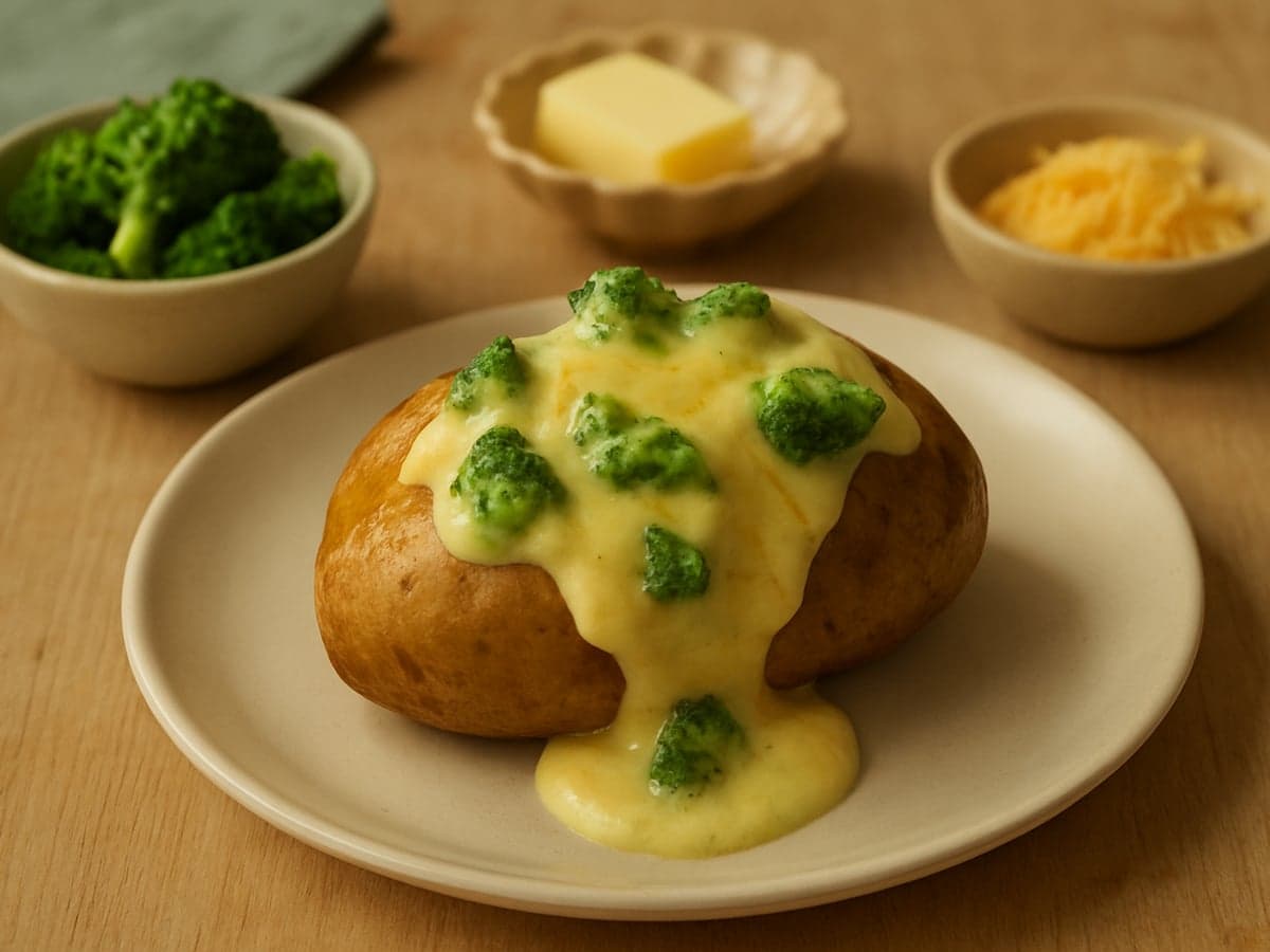 Gepofte aardappel met broccoli-kaassaus op een bord
