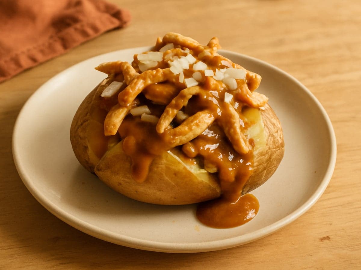 Gepofte aardappel met kalkoenreepjes en satésaus op een bord