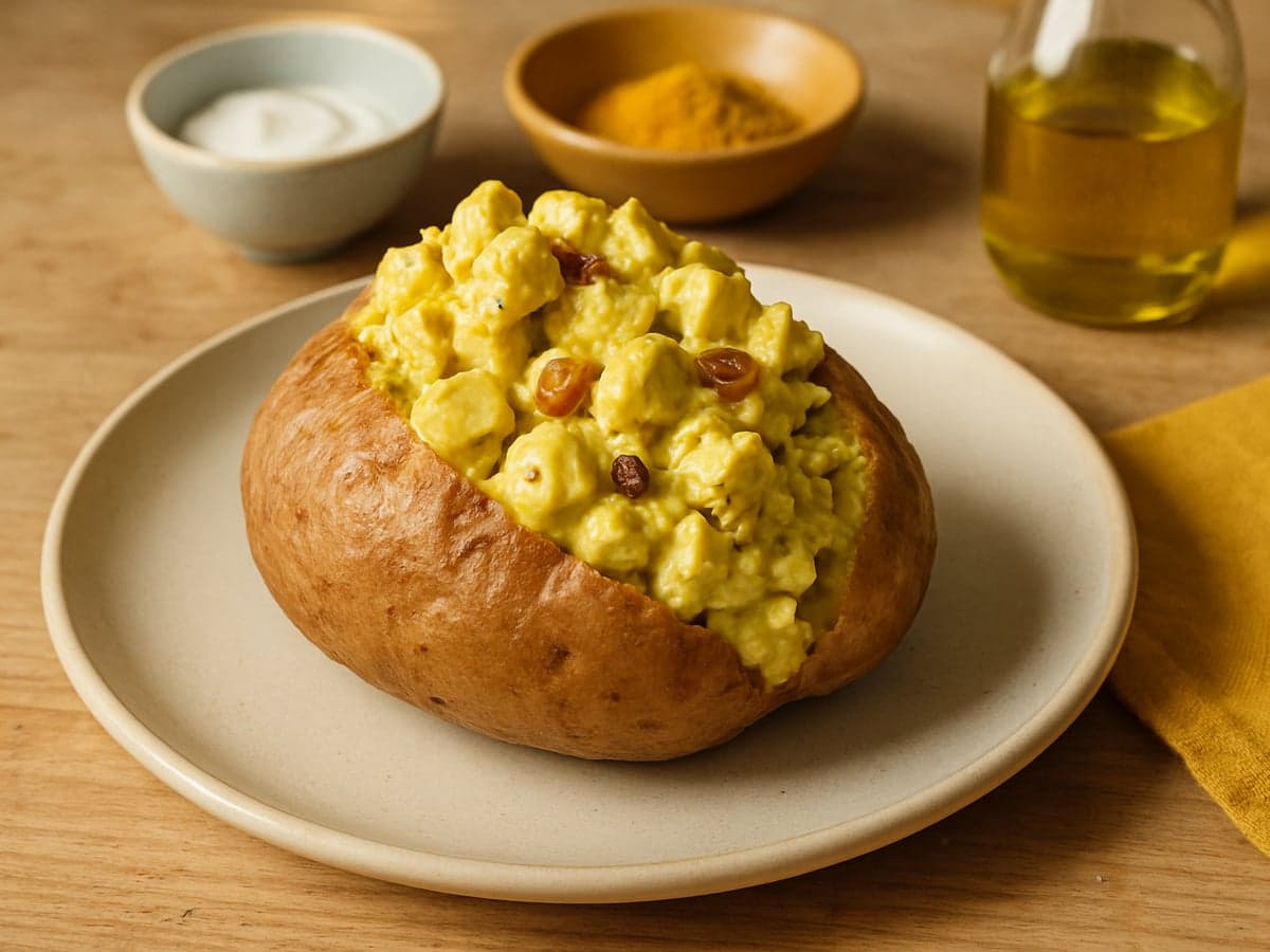 Gepofte aardappel met kip-currysalade op een bord