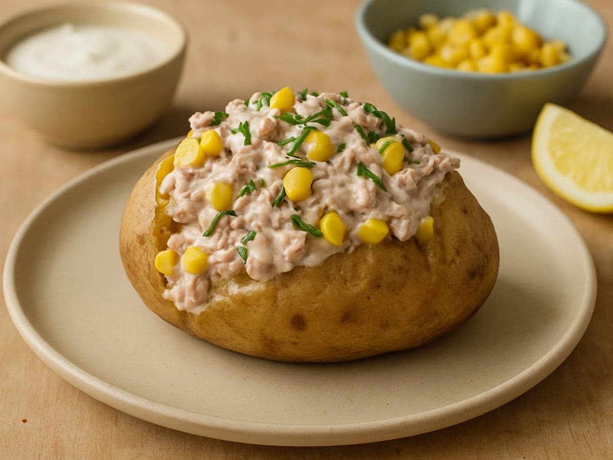 Gepofte aardappel met tonijnsalade en mais op een bord