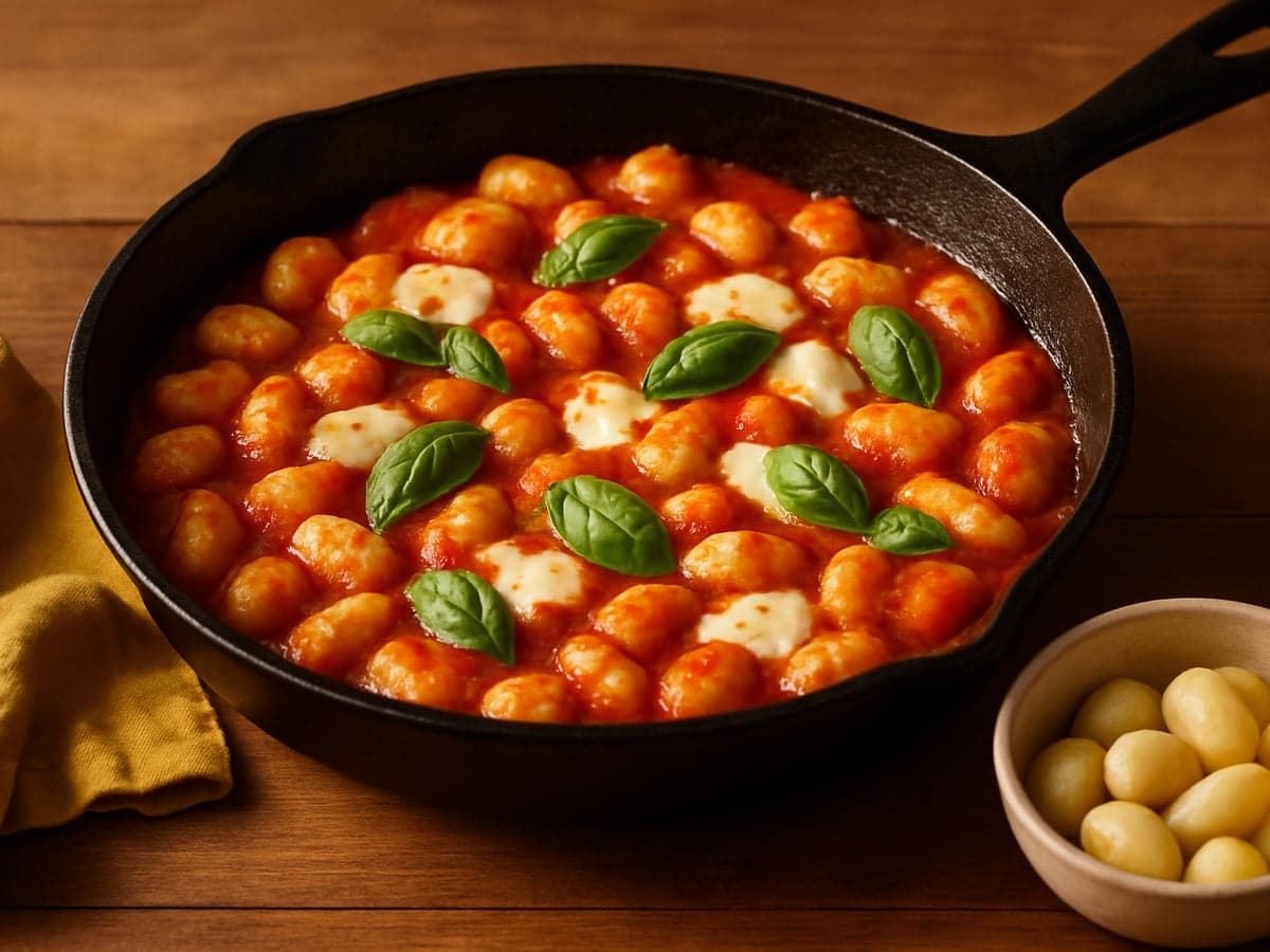 Gnocchi met tomatensaus en mozzarella in een pan