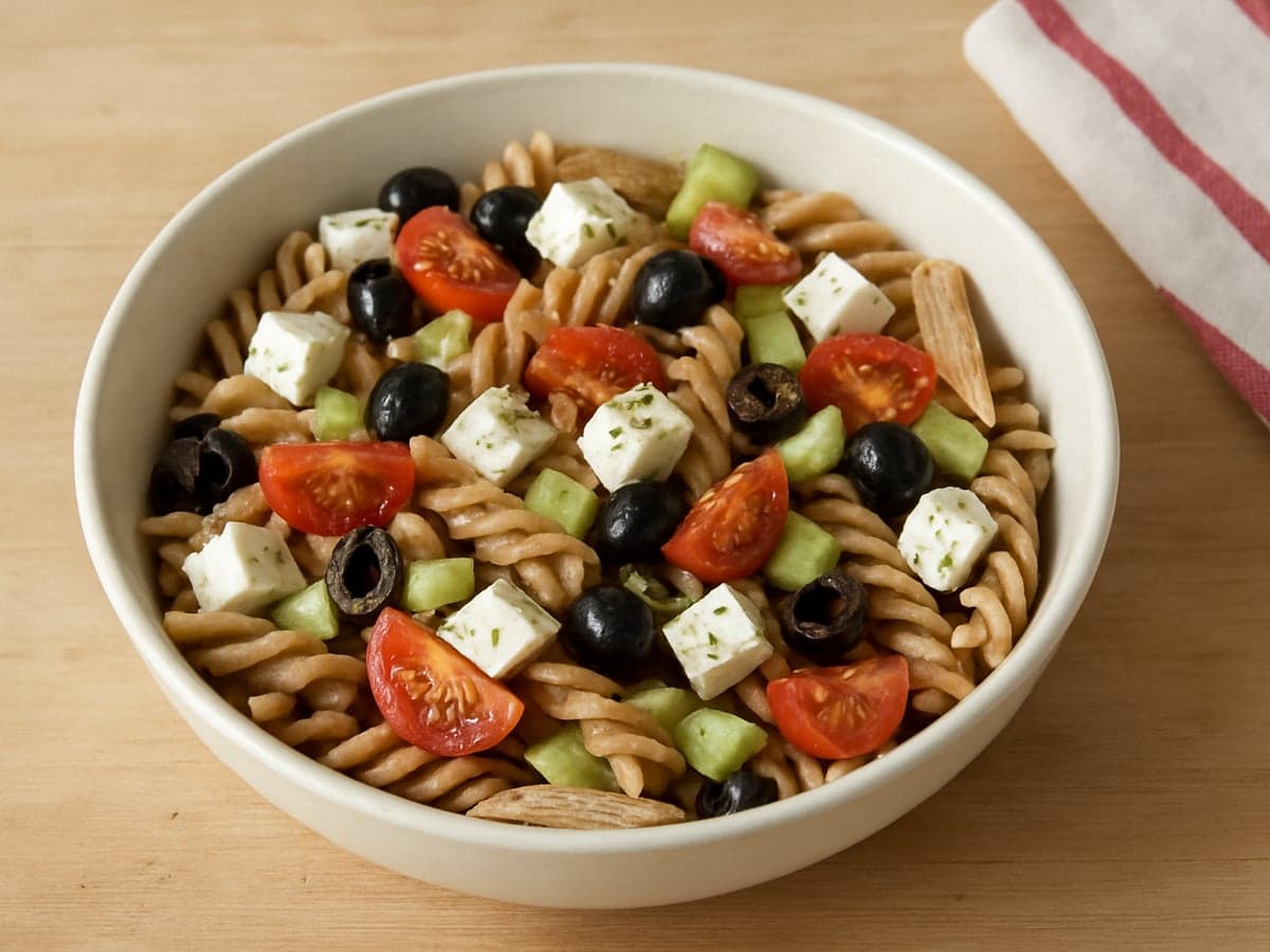 Griekse pastasalade met feta en olijven in een schaal