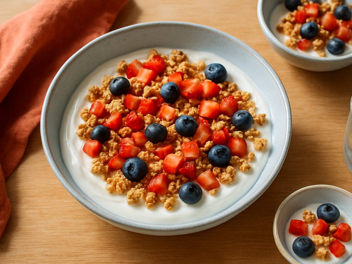 Kom Griekse yoghurt met granola, aardbeien en blauwe bessen