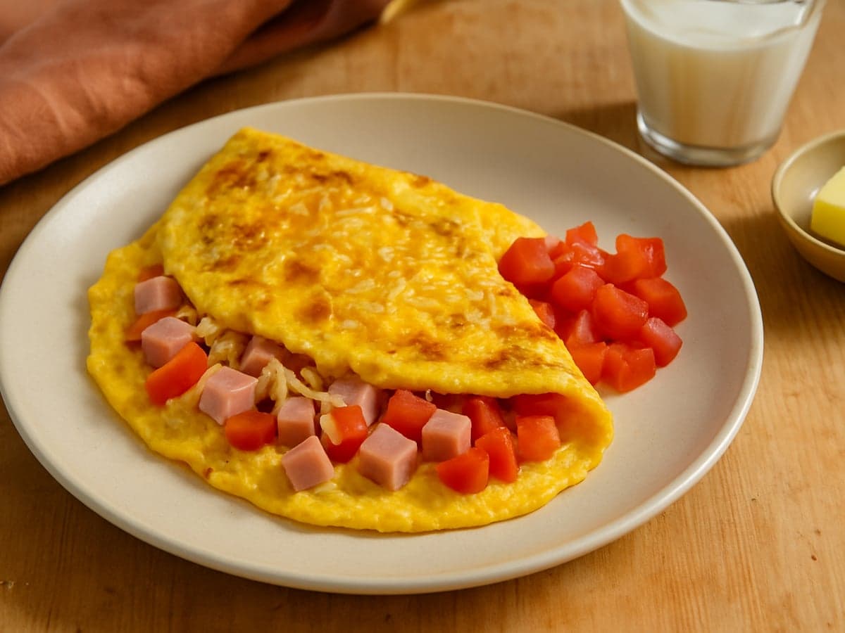 Ham-kaasomelet met tomaat op een bord
