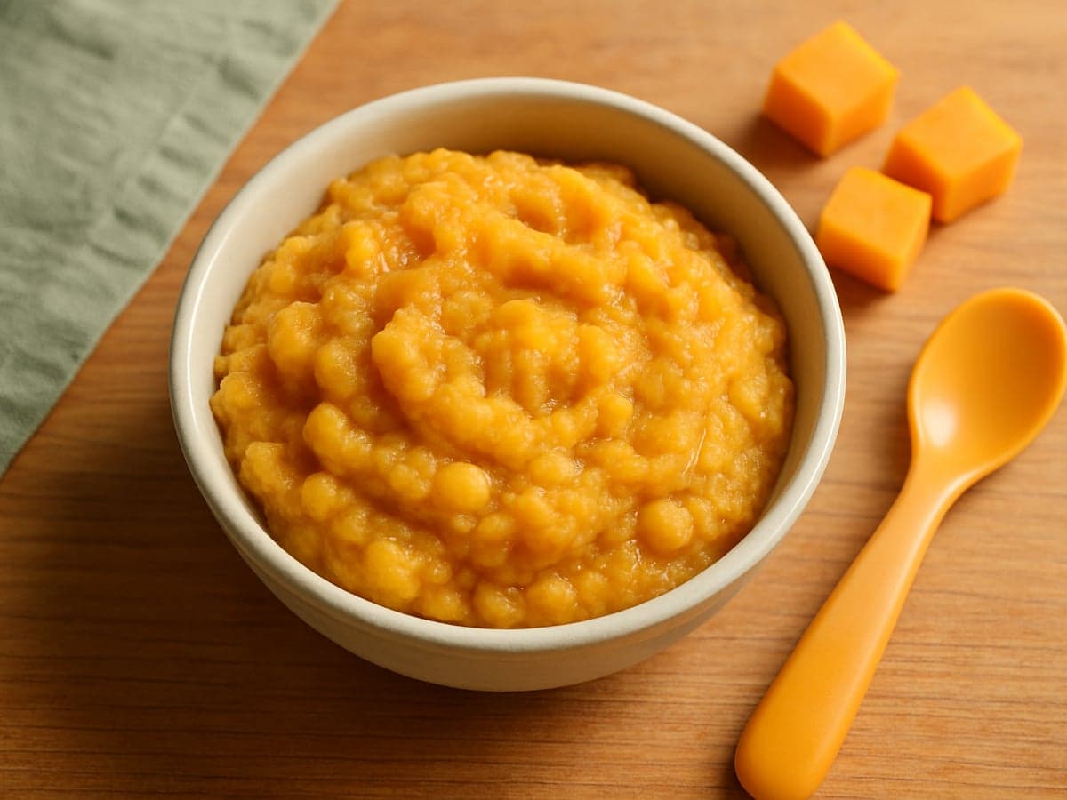 Kommetje met geprakte kikkererwtenpuree met zoete aardappel op een houten tafel