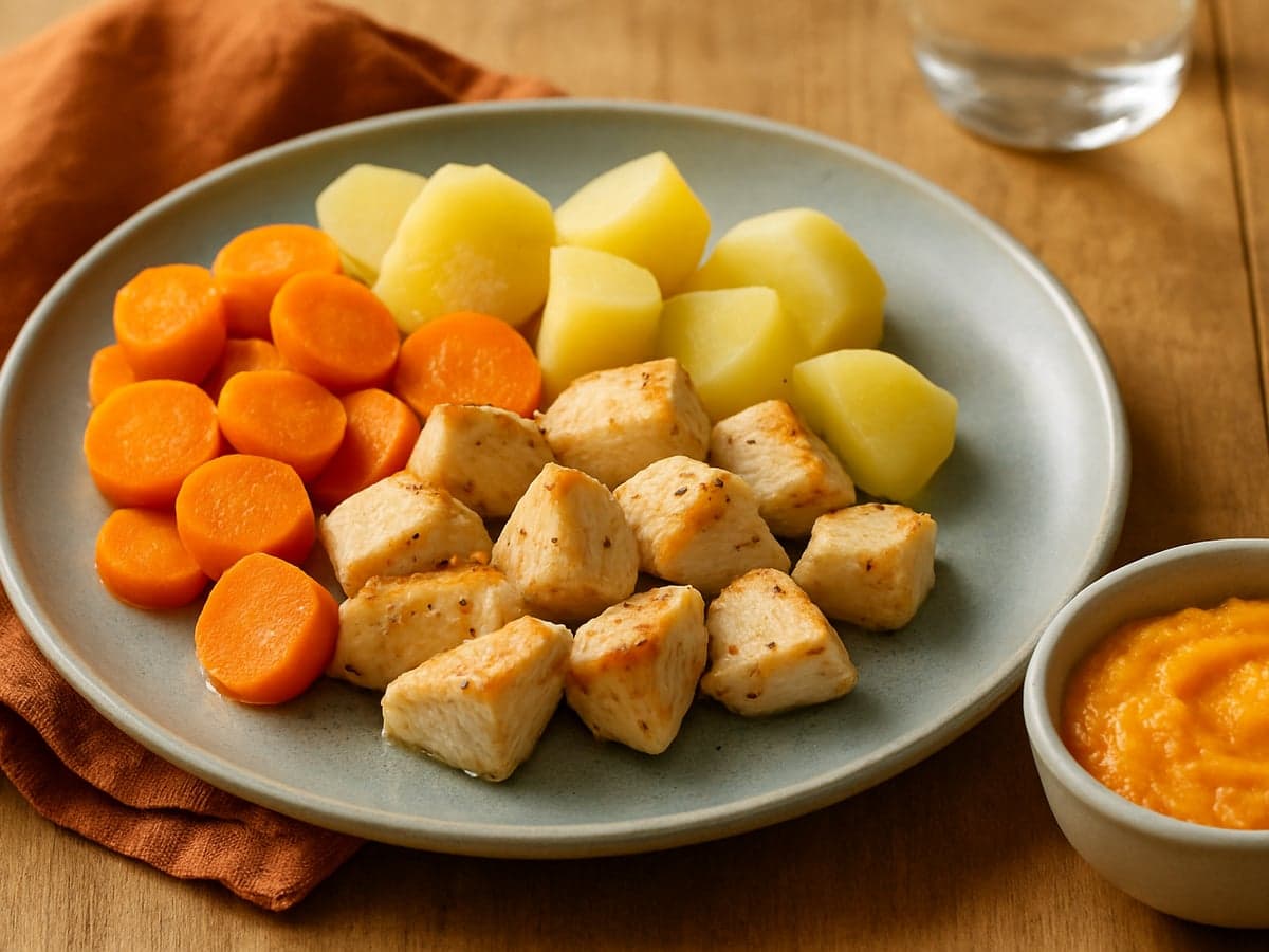 Kip met wortel en aardappel in een pan, met een klein bakje aparte babypuree ernaast