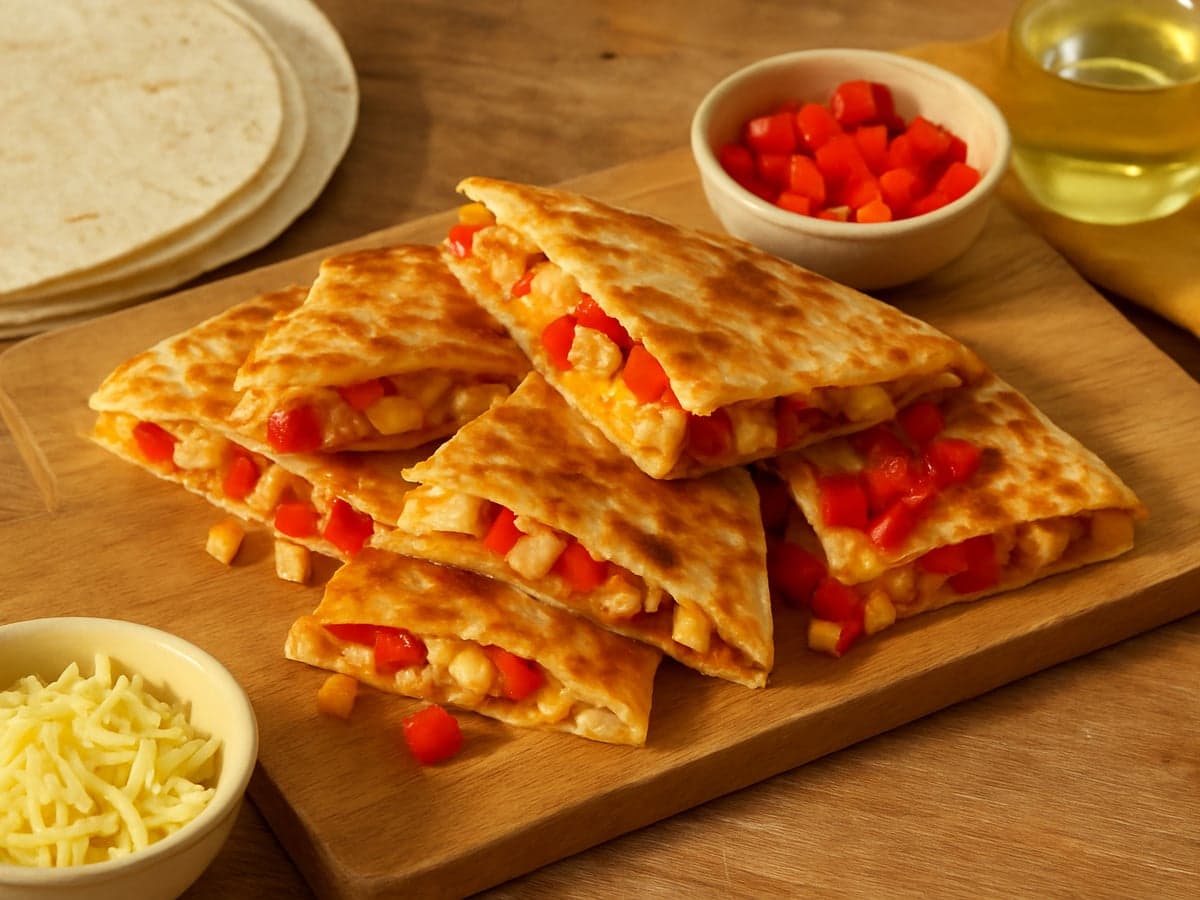 Kip-quesadilla's met paprika en kaas op een bord
