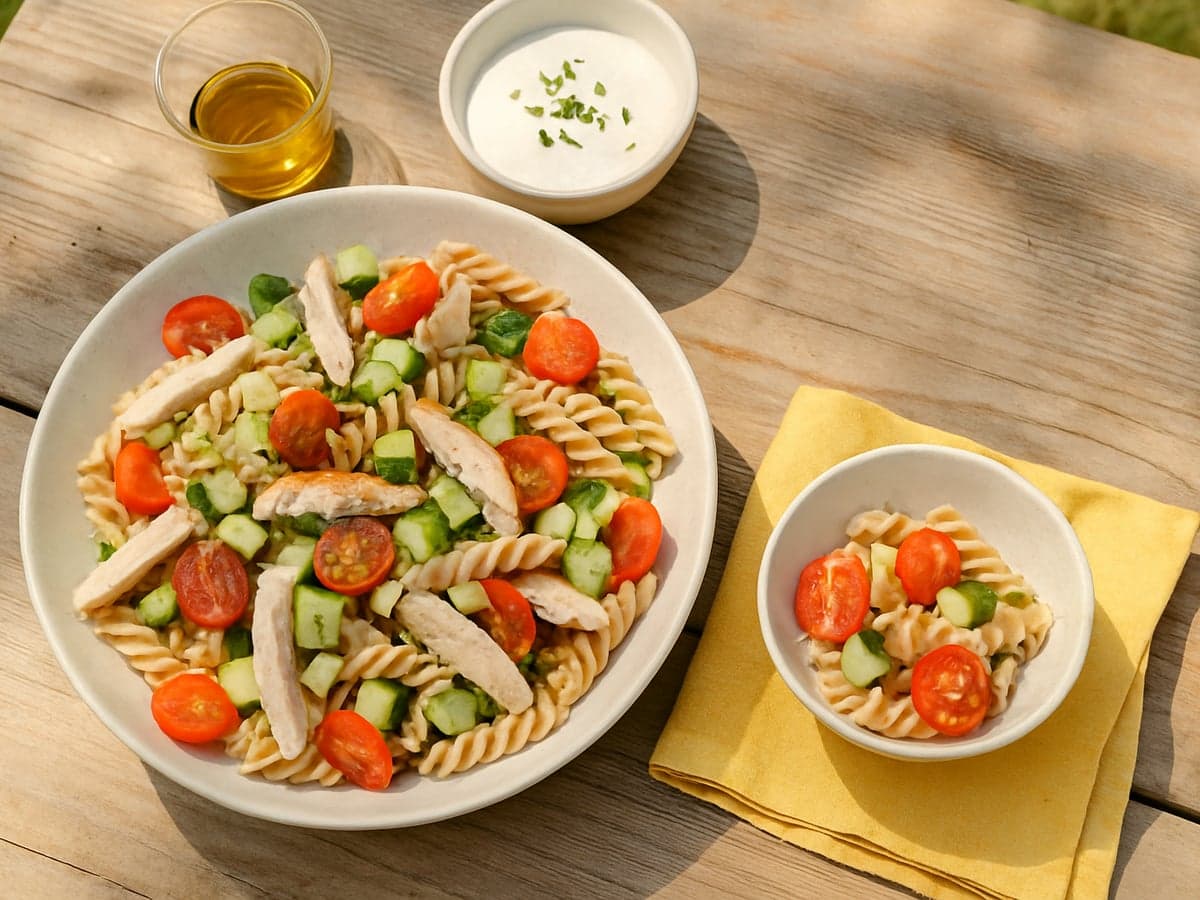Koude pastasalade met kip en komkommer in een grote schaal