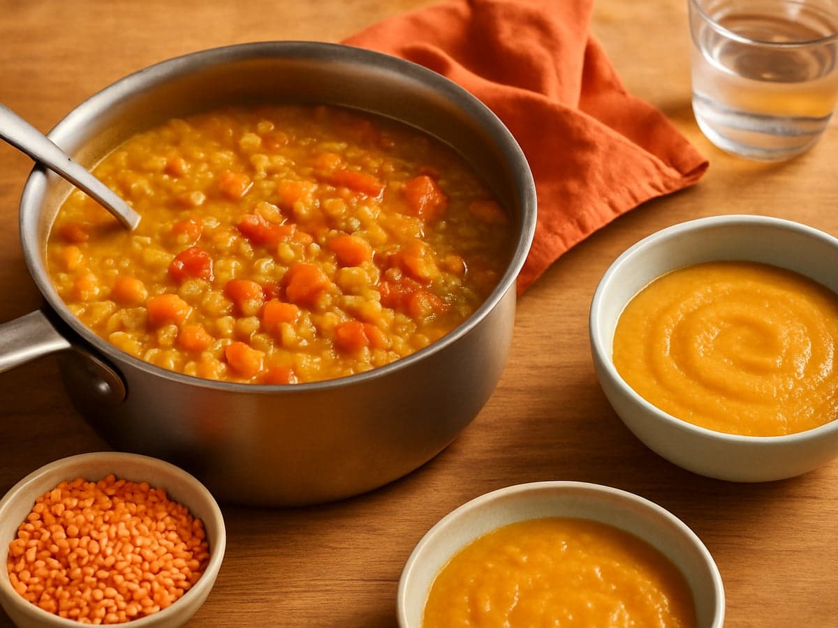 Linzensoep in een pan met apart bakje gepureerde babyportie