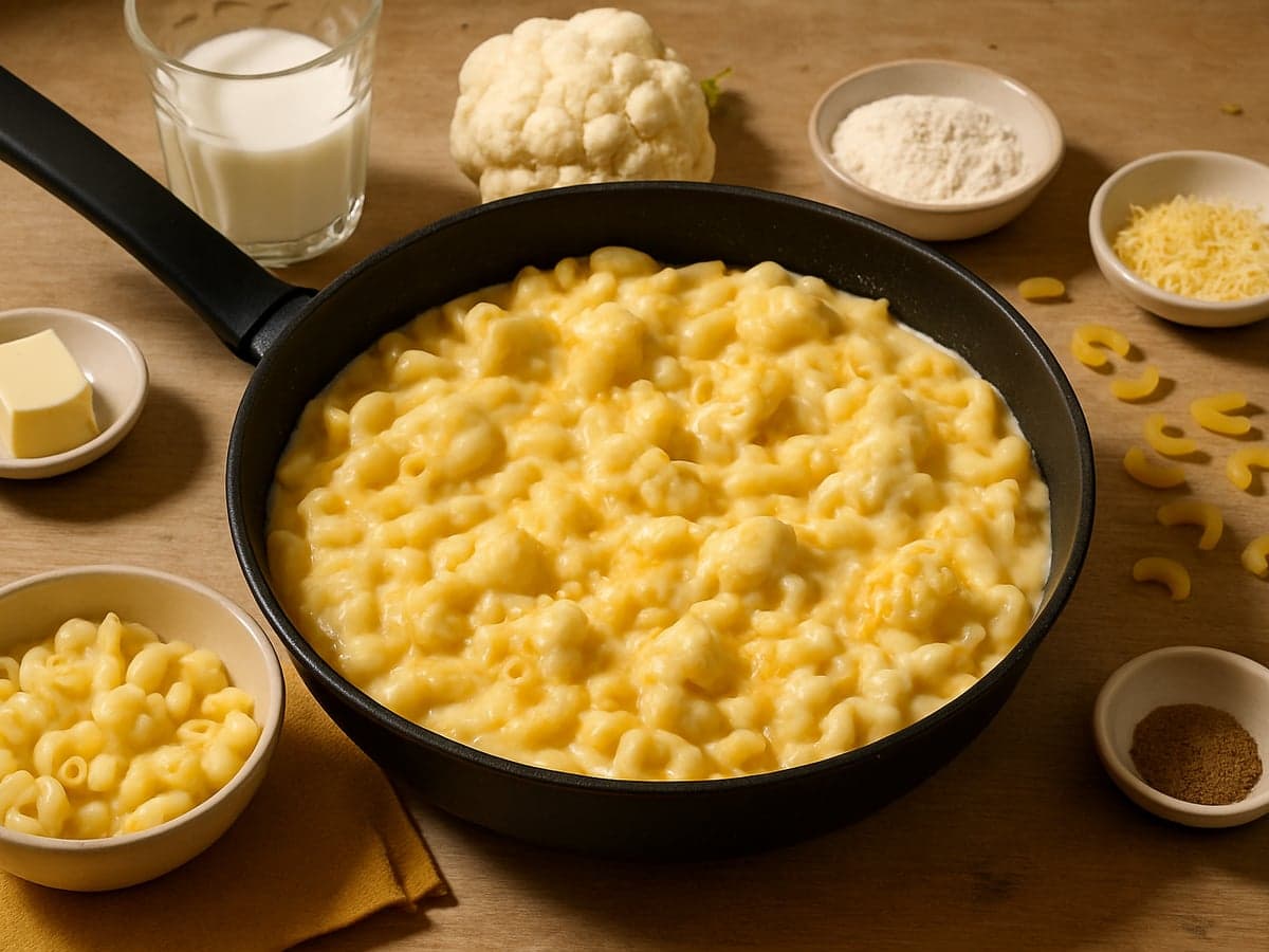 Macaroni met bloemkool en kaassaus in een pan