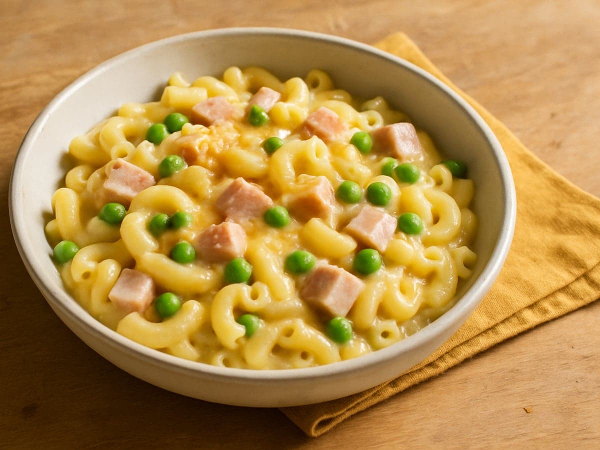Macaroni met ham, doperwten en kaassaus in een schaal