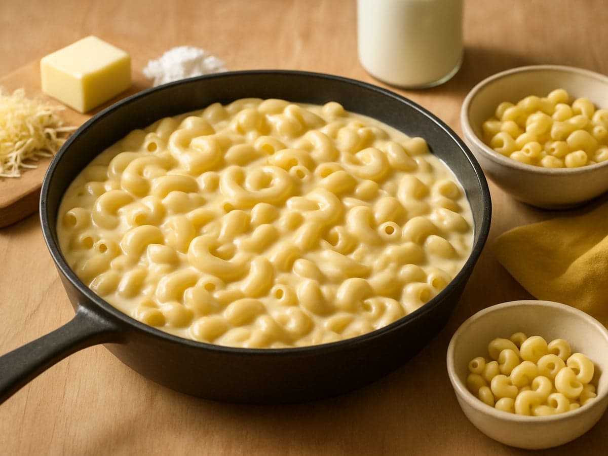 Macaroni met kaassaus in een pan met apart bakje fijngesneden babyversie
